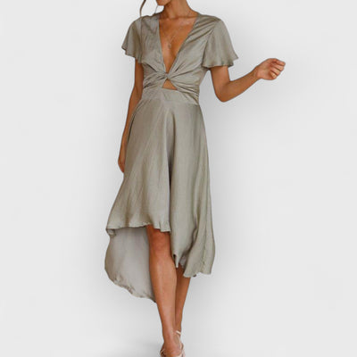 Sage Satin  Maxi Wrap Dress: Twist-Front Cutout