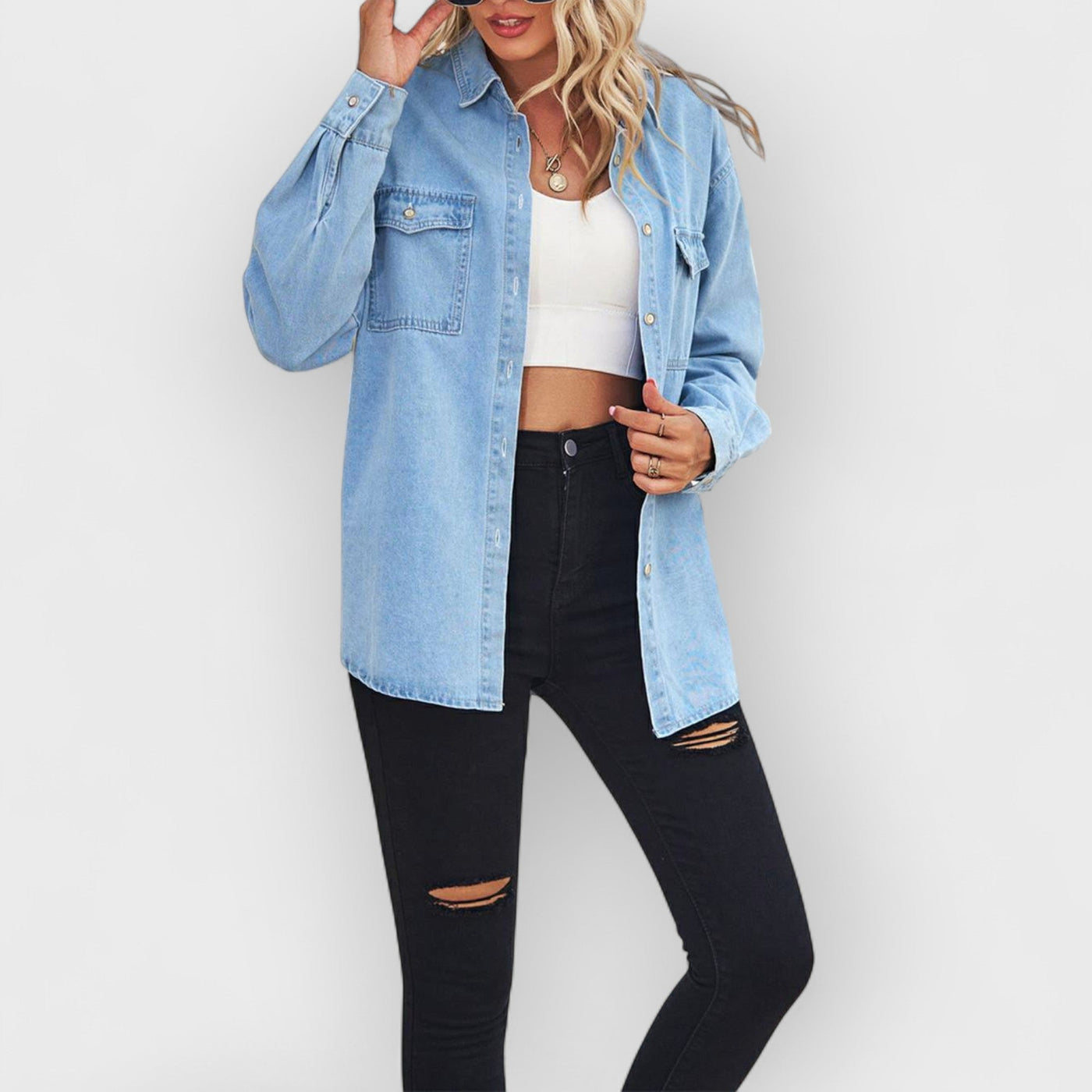 Collared Neck Dropped Shoulder Denim Top- Blue