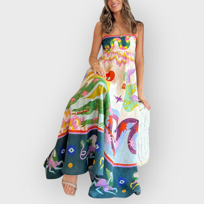 Linen Blend Unique Print Smocked Back Pocketed Midi Dress
