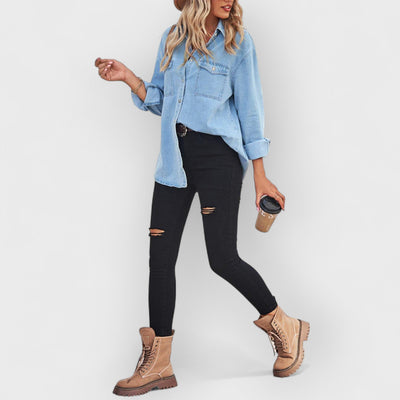 Collared Neck Dropped Shoulder Denim Top- Blue