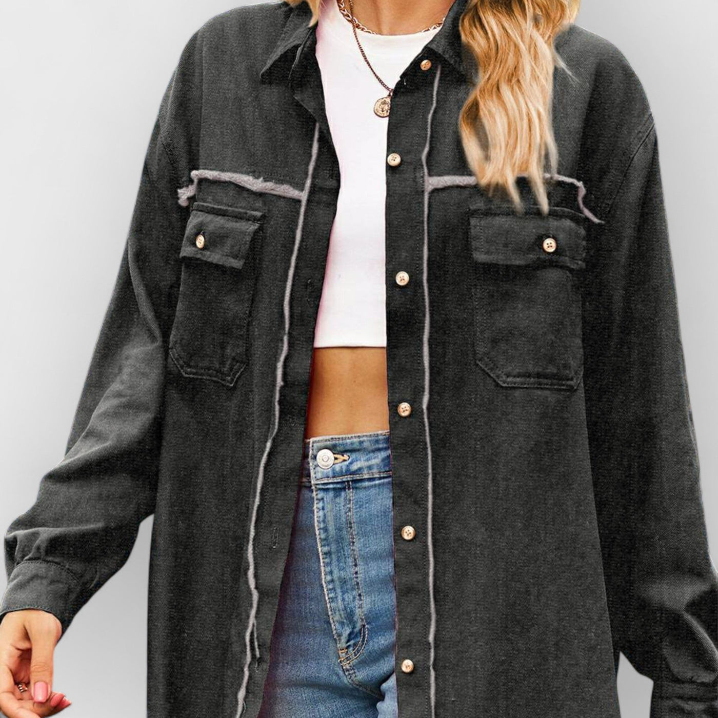 New Denim Raw Edge Washed Tassel Top Casual Shirt - Black