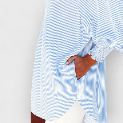 Sky Blue Smocked Cuffed Striped Boyfriend Shirt with Pocket