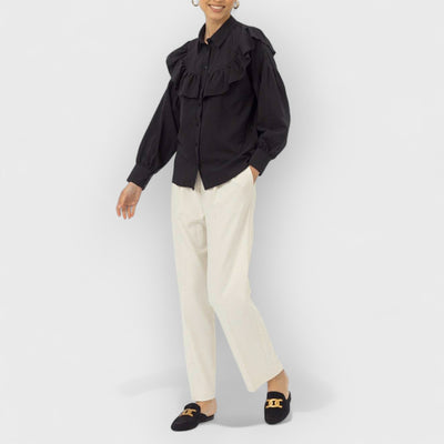 Ruffled Women Shirt Solid Slim Office Lady Frill Shirt