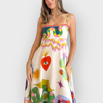 Linen Blend Unique Print Smocked Back Pocketed Midi Dress