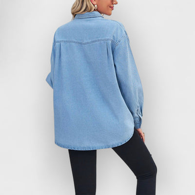 Collared Neck Dropped Shoulder Denim Top- Blue