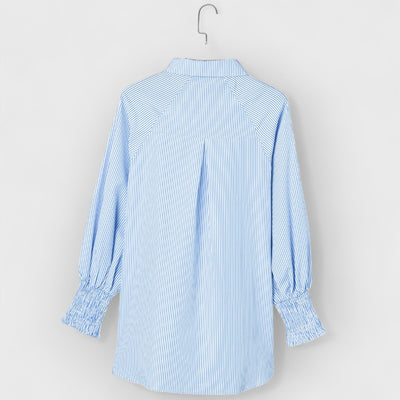 Sky Blue Smocked Cuffed Striped Boyfriend Shirt with Pocket