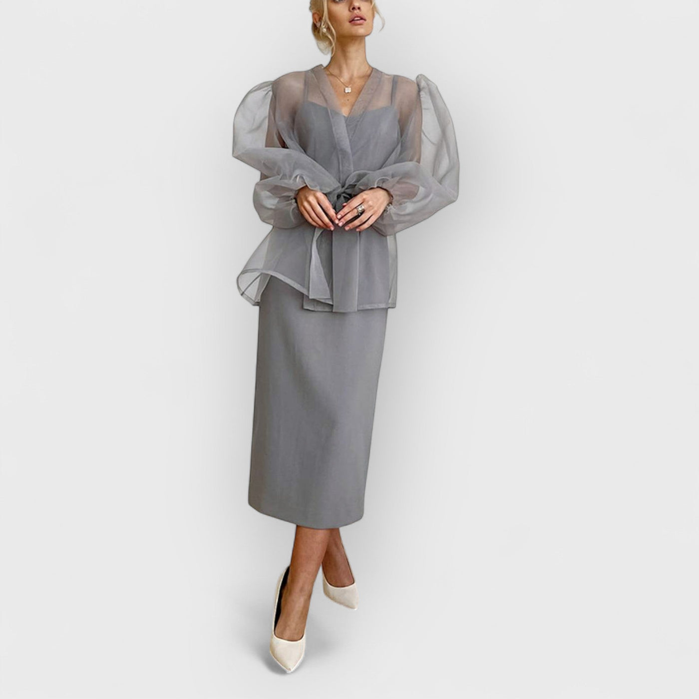 Sheer Sexy Top V Neck Long Puff Sleeves Bow Tie Chic Blouse