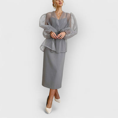 Sheer Sexy Top V Neck Long Puff Sleeves Bow Tie Chic Blouse