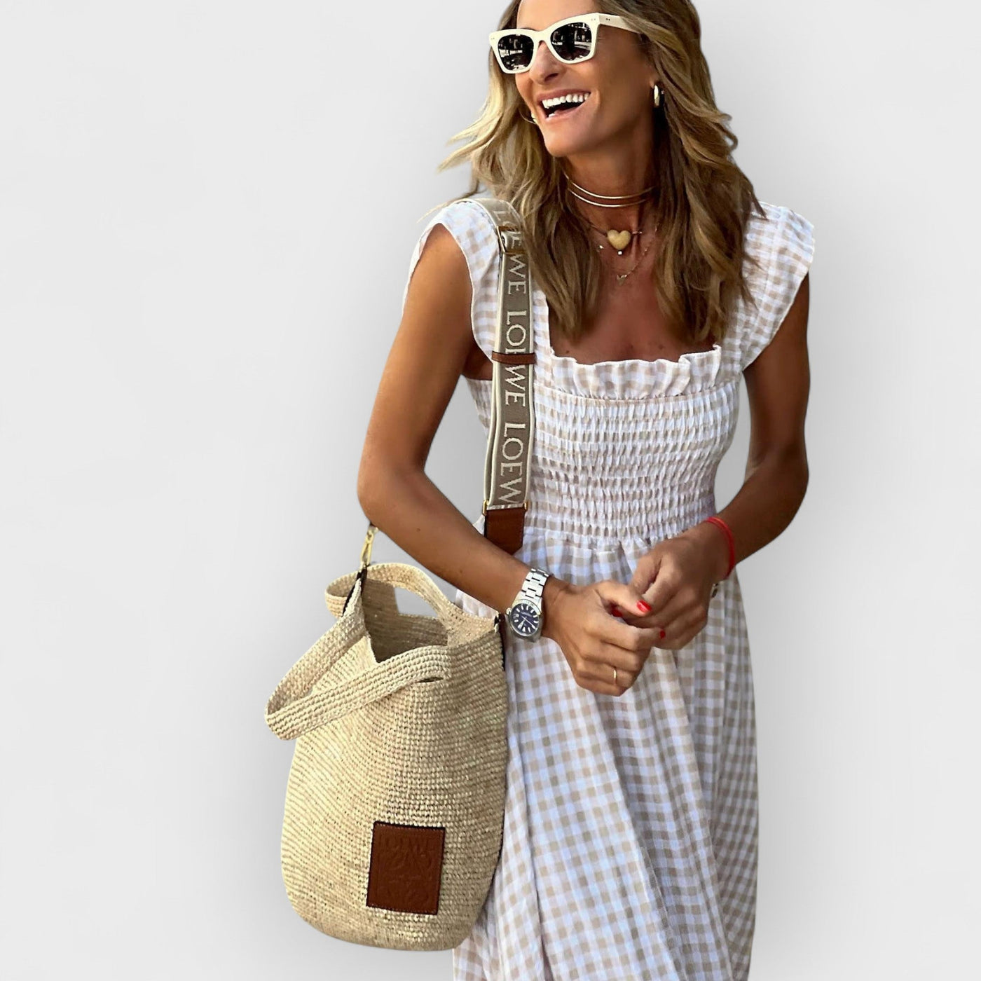 Plaid Ruffled-Sleeve Smocked Maxi Dress