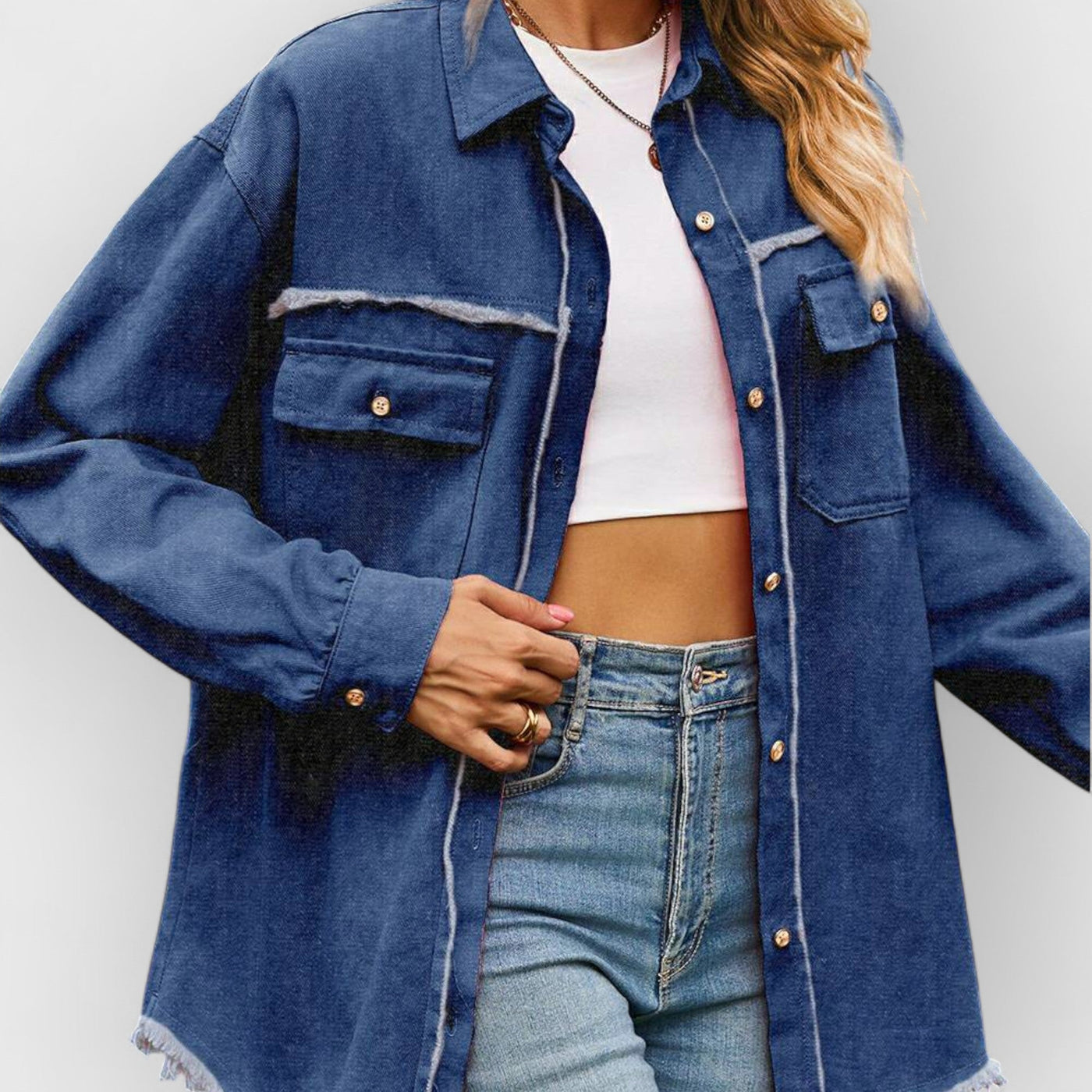 New Denim Raw Edge Washed Tassel Top Casual Shirt - Dark Blue