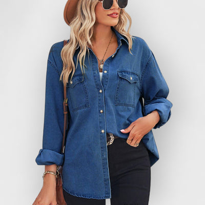 Collared Neck Dropped Shoulder Denim Top- Dark Blue