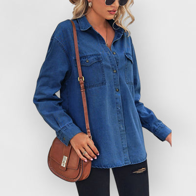 Collared Neck Dropped Shoulder Denim Top- Dark Blue