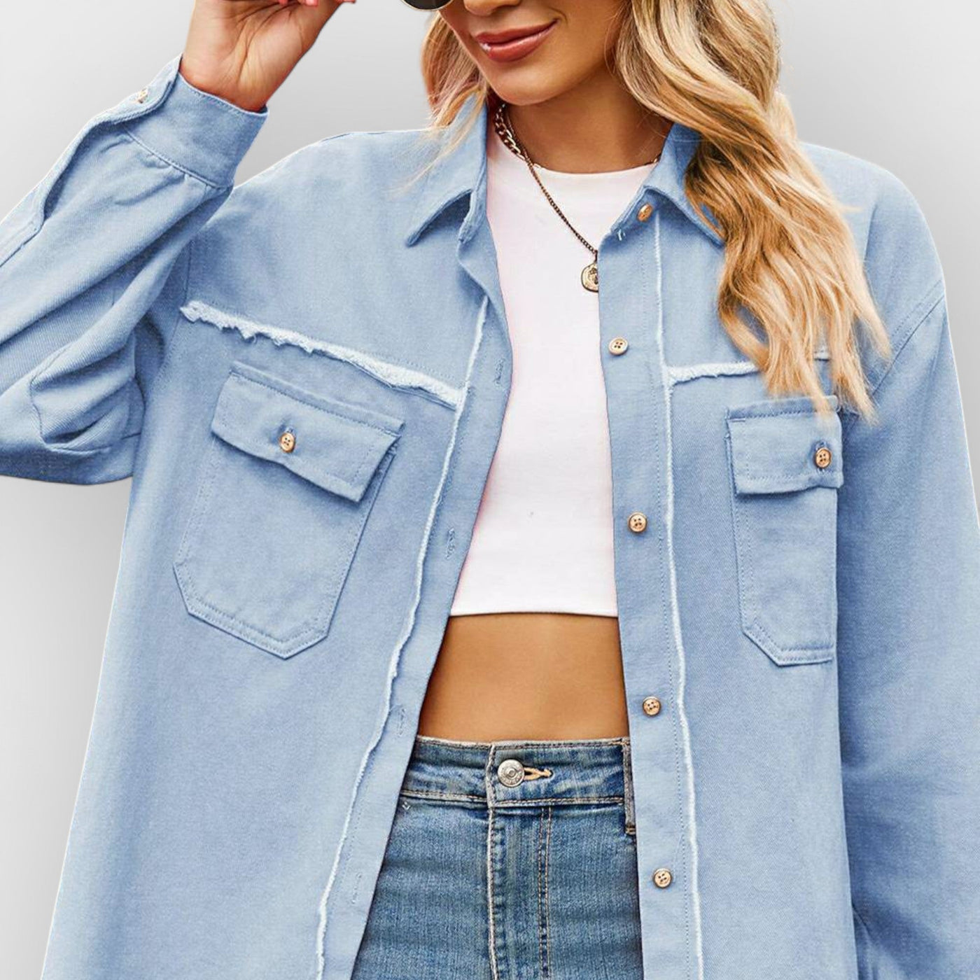 New Denim Raw Edge Washed Tassel Top Casual Shirt - Clear blue