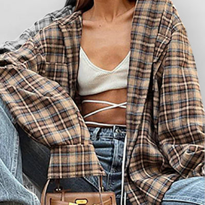 Vintage Plaid Shirts Women Loose Gingham Female Blouse Autumn