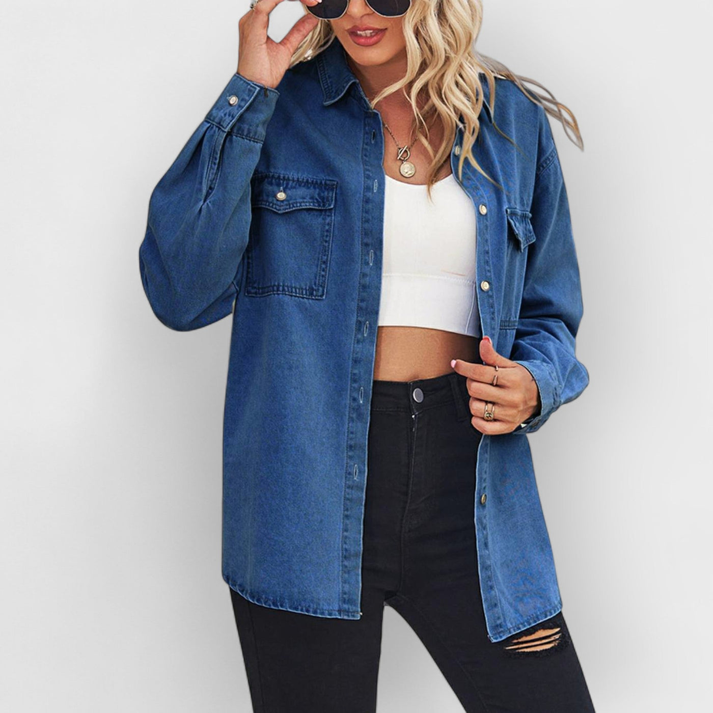 Collared Neck Dropped Shoulder Denim Top- Dark Blue