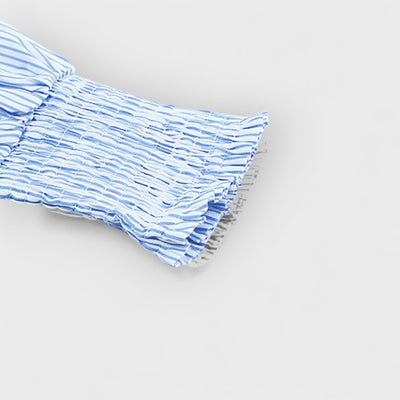 Sky Blue Smocked Cuffed Striped Boyfriend Shirt with Pocket