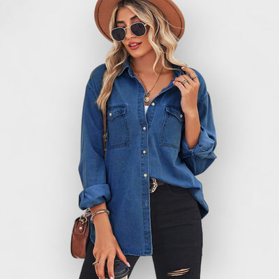Collared Neck Dropped Shoulder Denim Top- Dark Blue