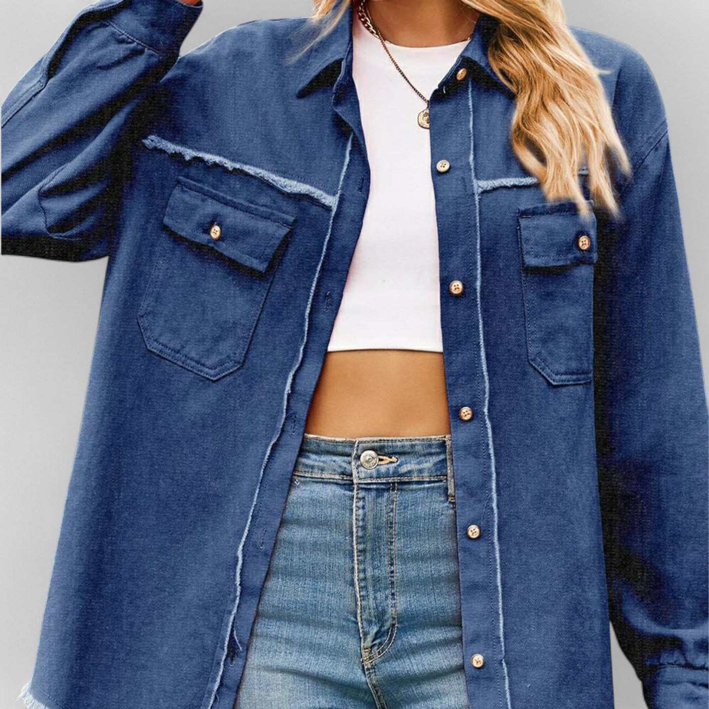 New Denim Raw Edge Washed Tassel Top Casual Shirt - Dark Blue