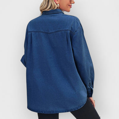 Collared Neck Dropped Shoulder Denim Top- Dark Blue