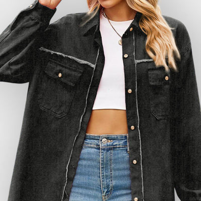New Denim Raw Edge Washed Tassel Top Casual Shirt - Black