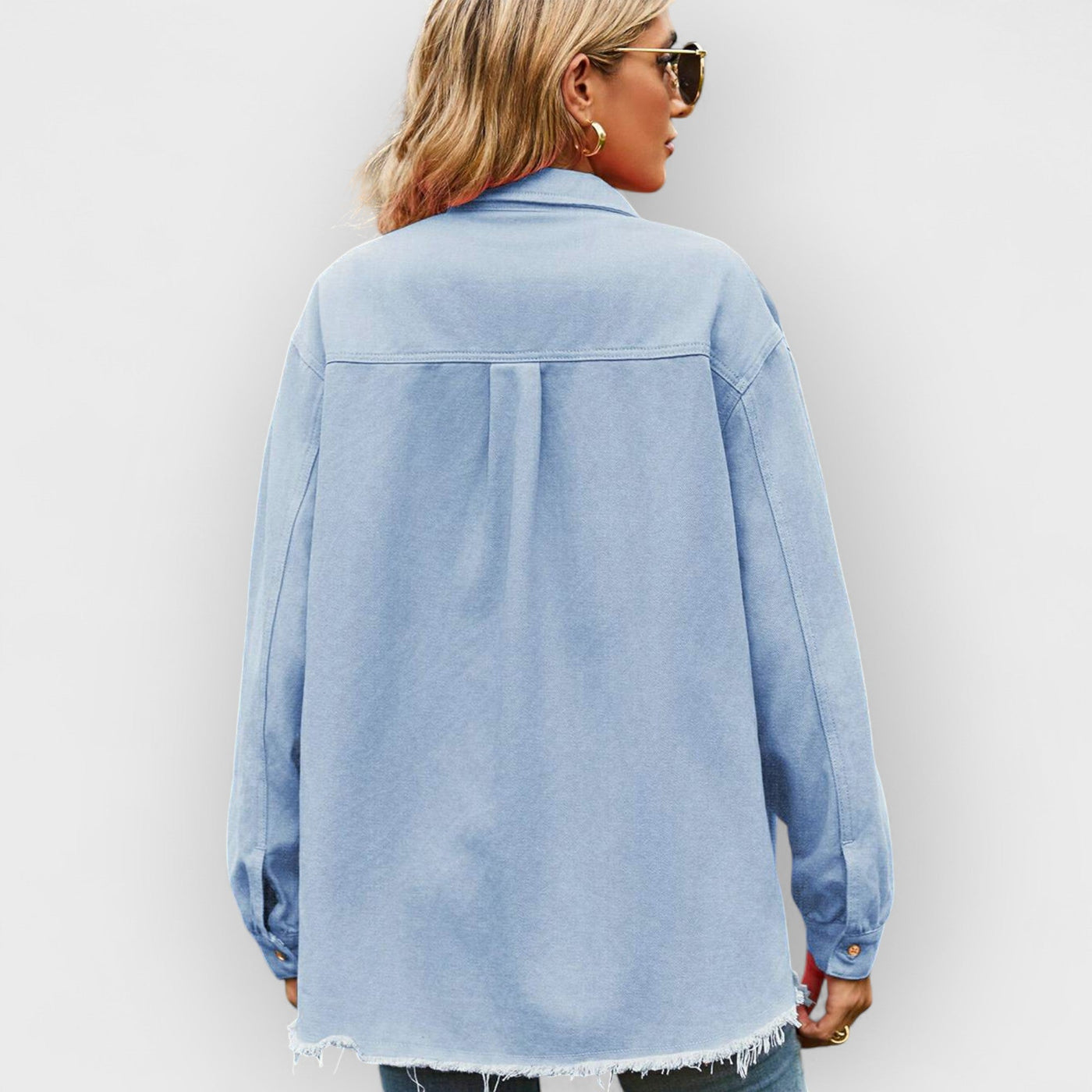New Denim Raw Edge Washed Tassel Top Casual Shirt - Clear blue