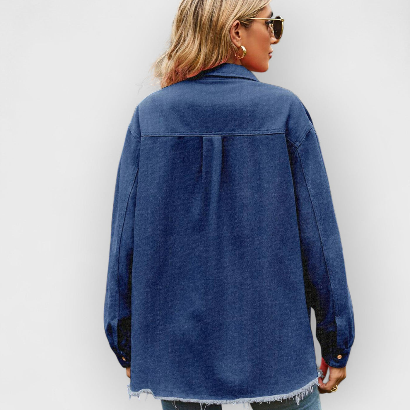 New Denim Raw Edge Washed Tassel Top Casual Shirt - Dark Blue
