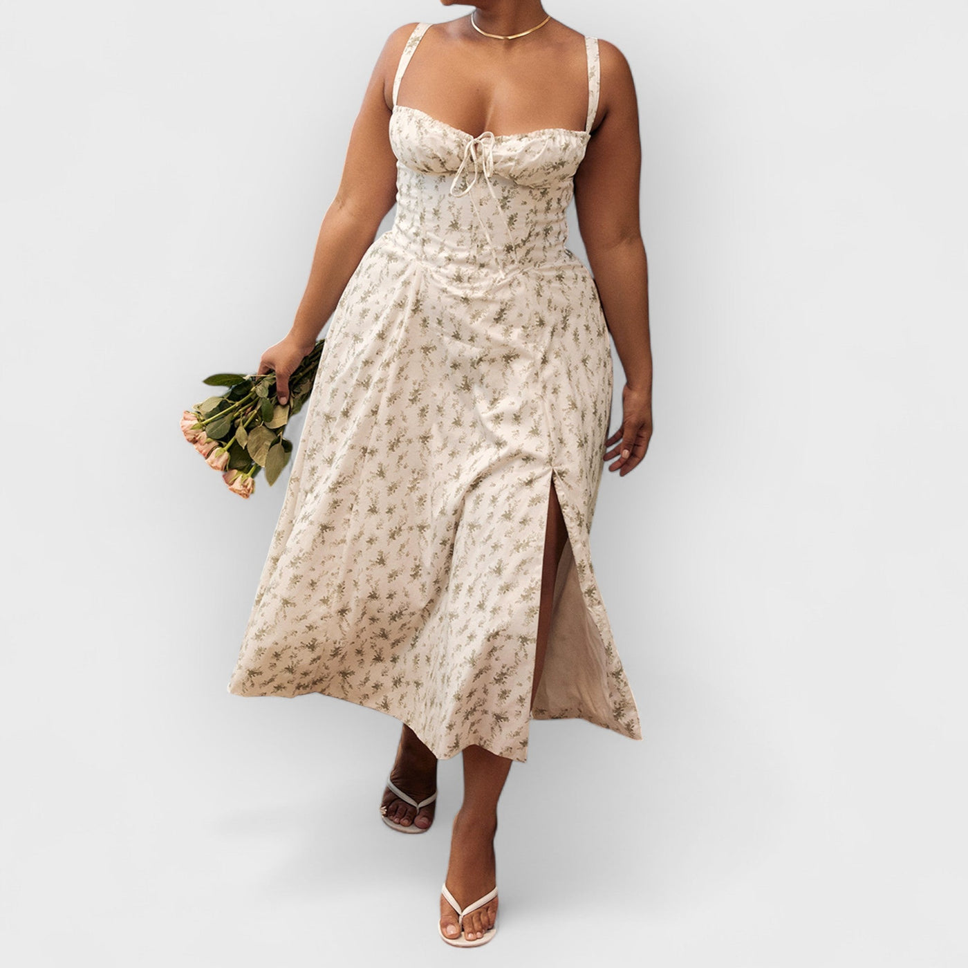Rose Print Herringbone Slip Dress