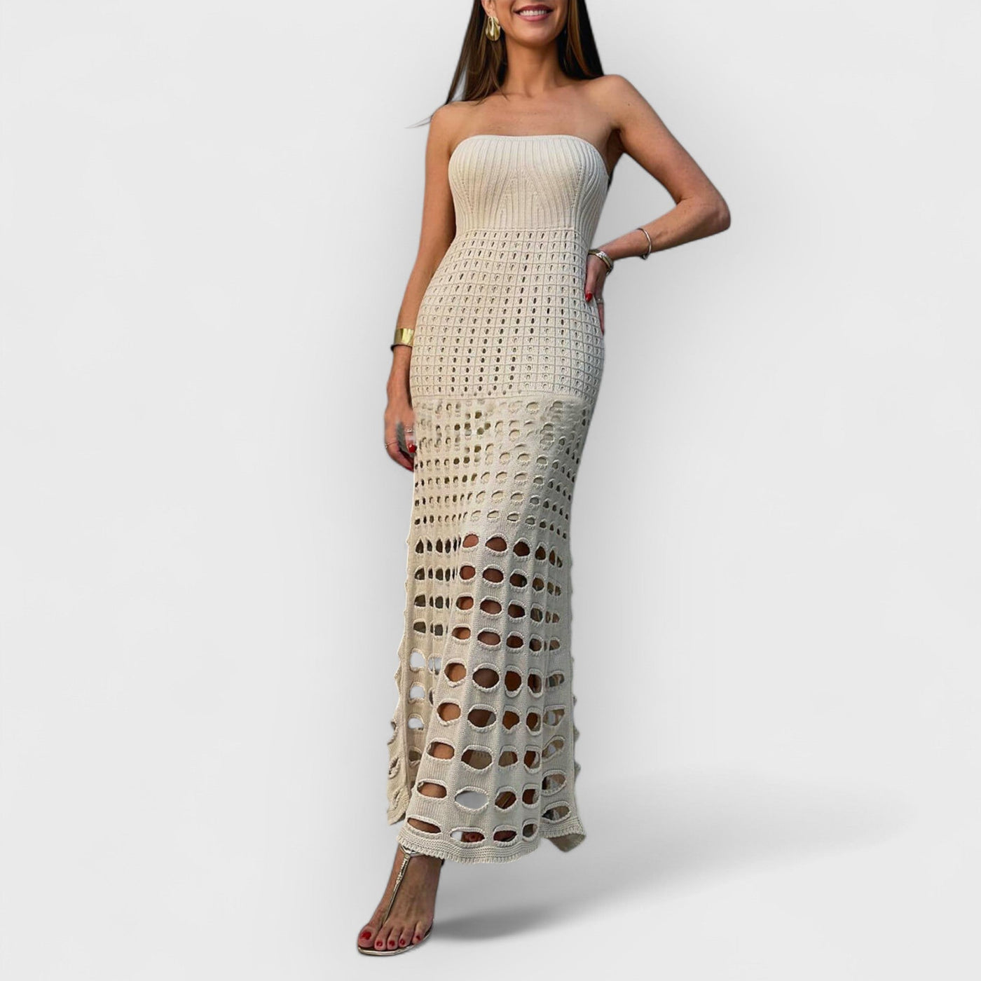 Cutout Patchwork Off Shoulder Maxi Dress