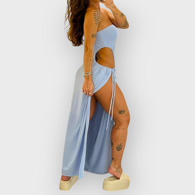 Bandeau Side Slit Tie Bodysuit Dress