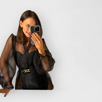 Sheer Sexy Top V Neck Long Puff Sleeves Bow Tie Chic Blouse