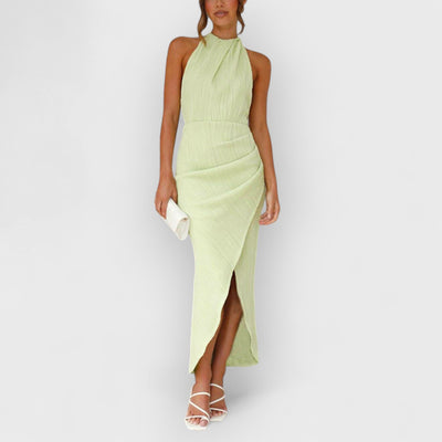 Unique Split Pleated Neckline Slim Maxi Dress