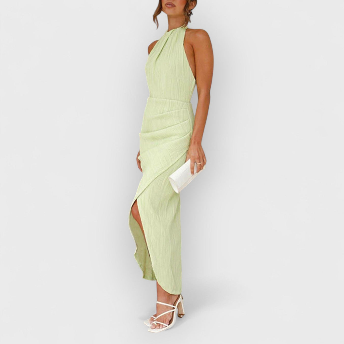 Unique Split Pleated Neckline Slim Maxi Dress