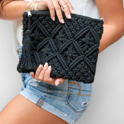 Diamond Pattern Macrame Tassel Clutch