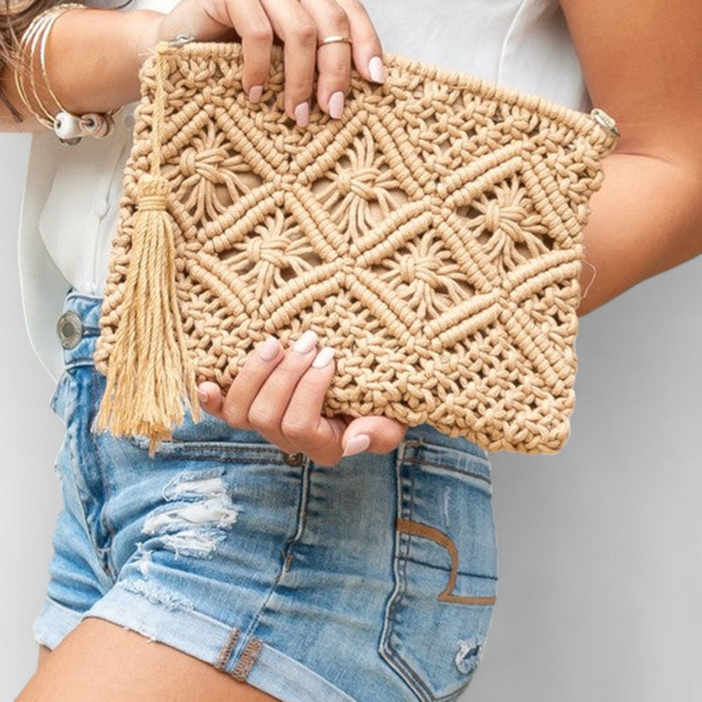 Diamond Pattern Macrame Tassel Clutch