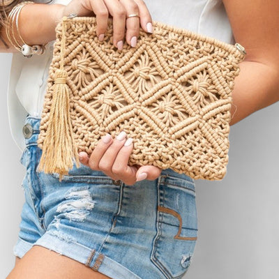 Diamond Pattern Macrame Tassel Clutch