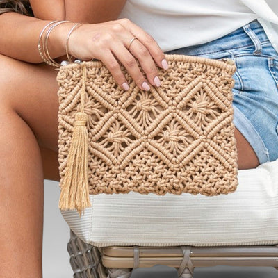 Diamond Pattern Macrame Tassel Clutch
