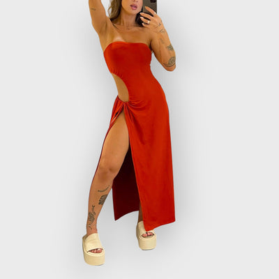 Bandeau Side Slit Tie Bodysuit Dress
