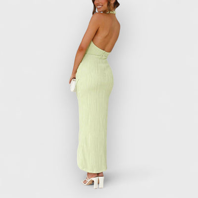 Unique Split Pleated Neckline Slim Maxi Dress