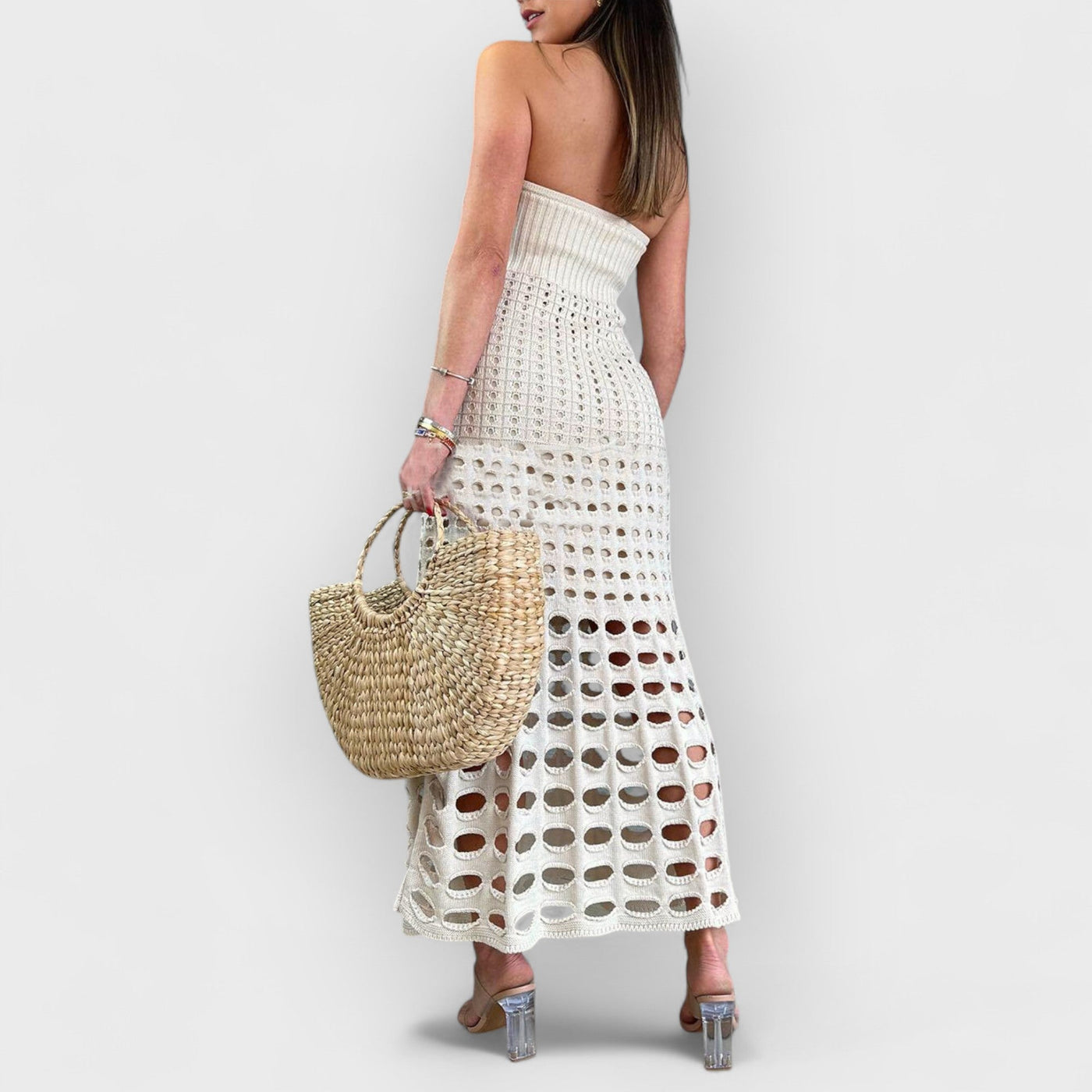 Cutout Patchwork Off Shoulder Maxi Dress