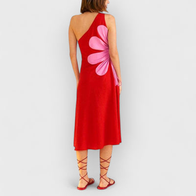 Positioned Floral Print Off-Shoulder Midi Dress