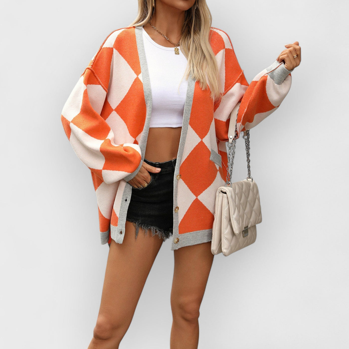 V-neck Diamond Check Patchwork Loose Knit Cardigan