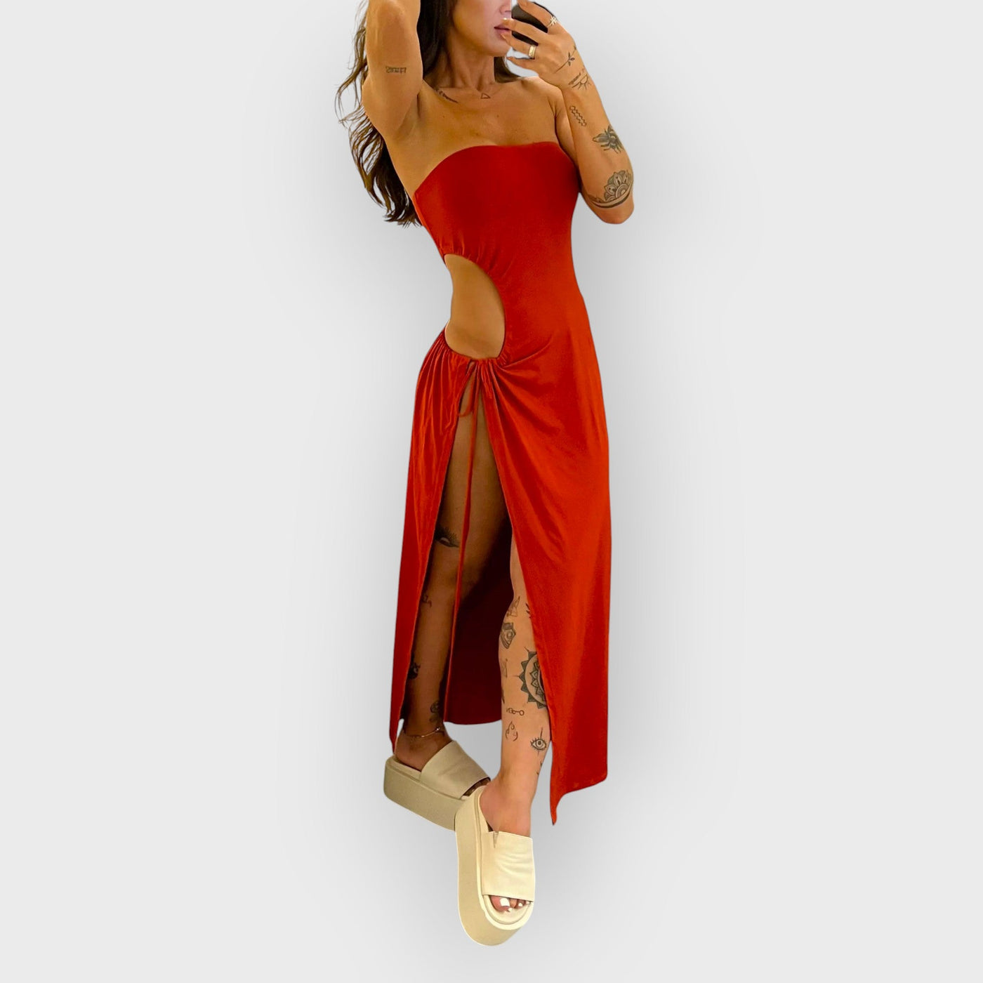 Bandeau Side Slit Tie Bodysuit Dress