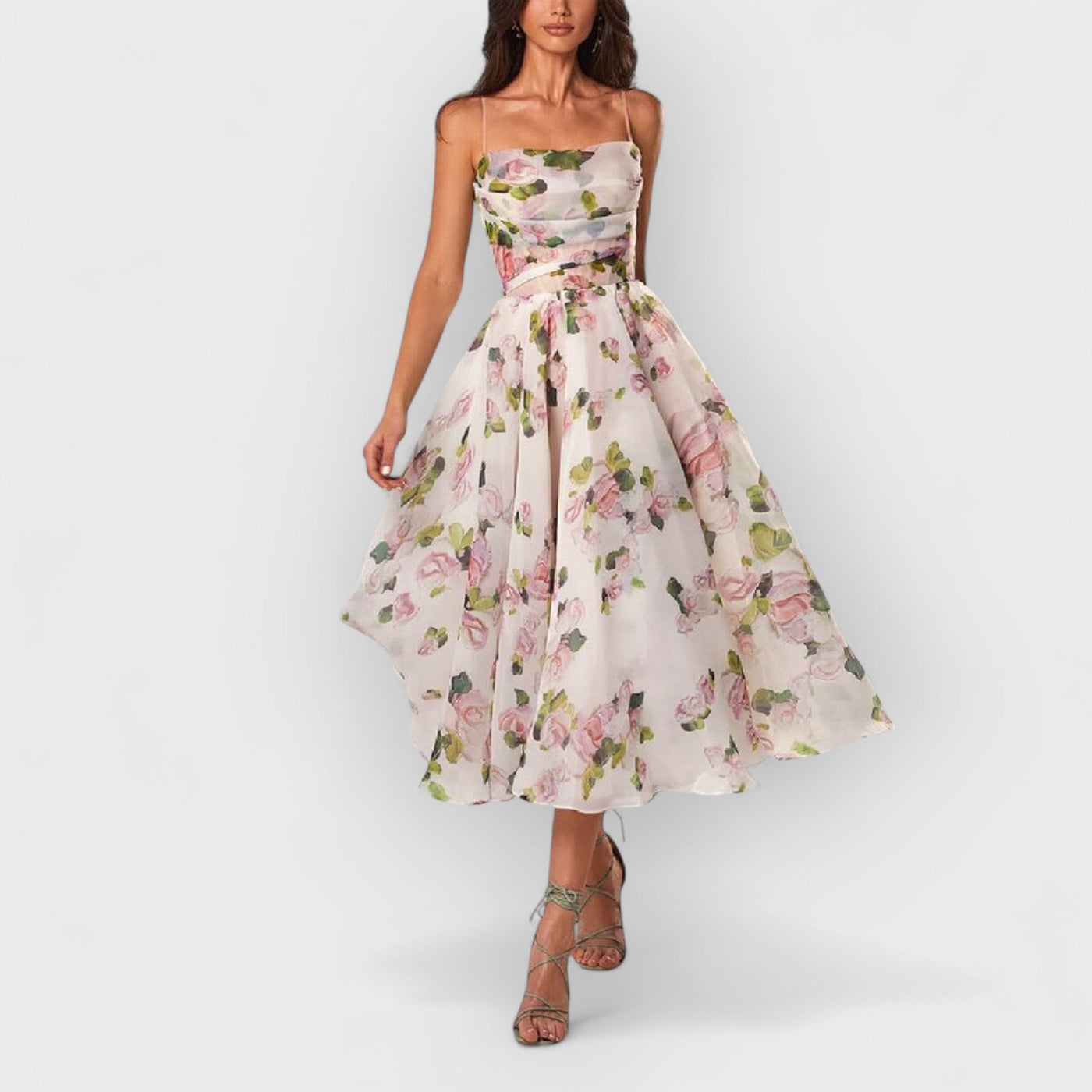 Strapless Sleeveless Printed Swing Midi Dress