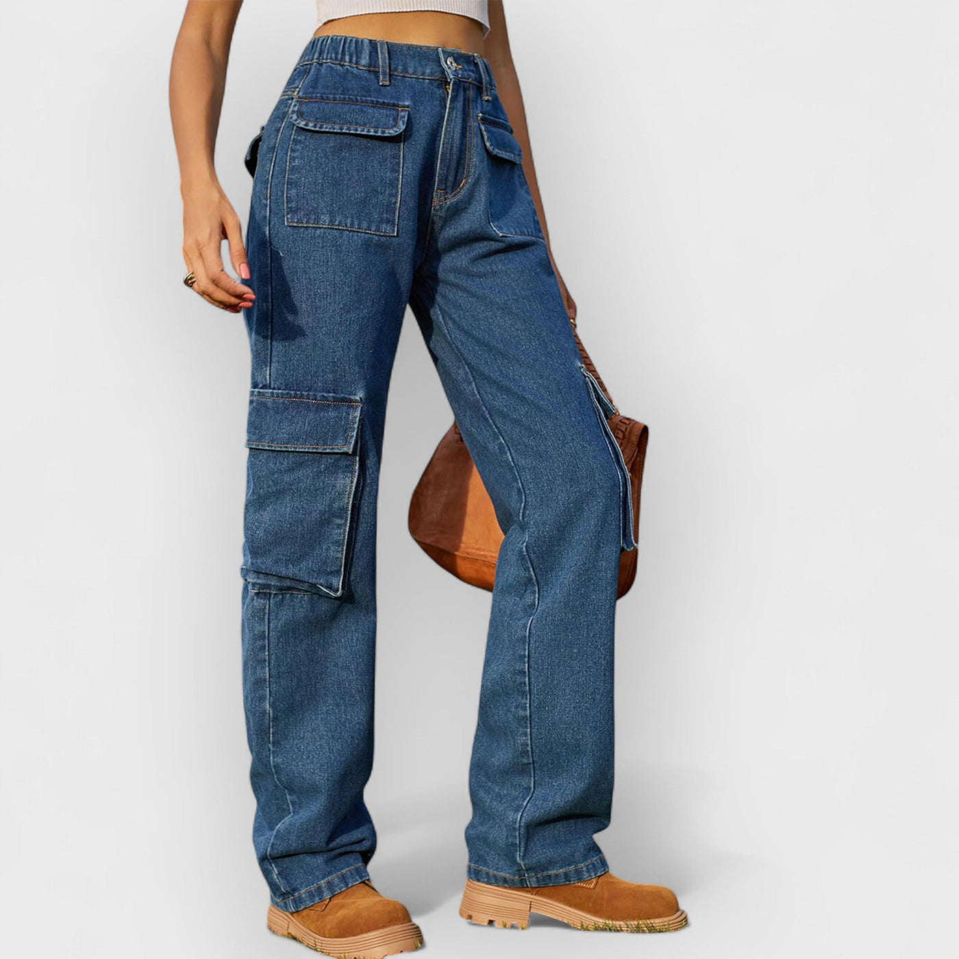 Washed Multi-Pocket Denim Cargo Jeans