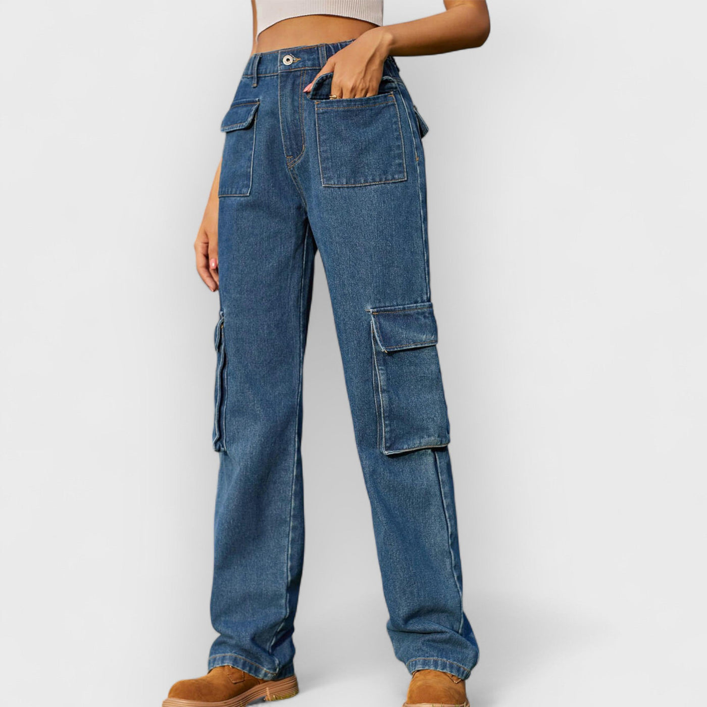 Washed Multi-Pocket Denim Cargo Jeans