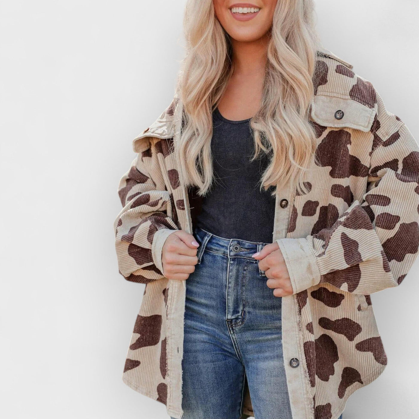 Printed Mid-Length Corduroy Shirt Jacket