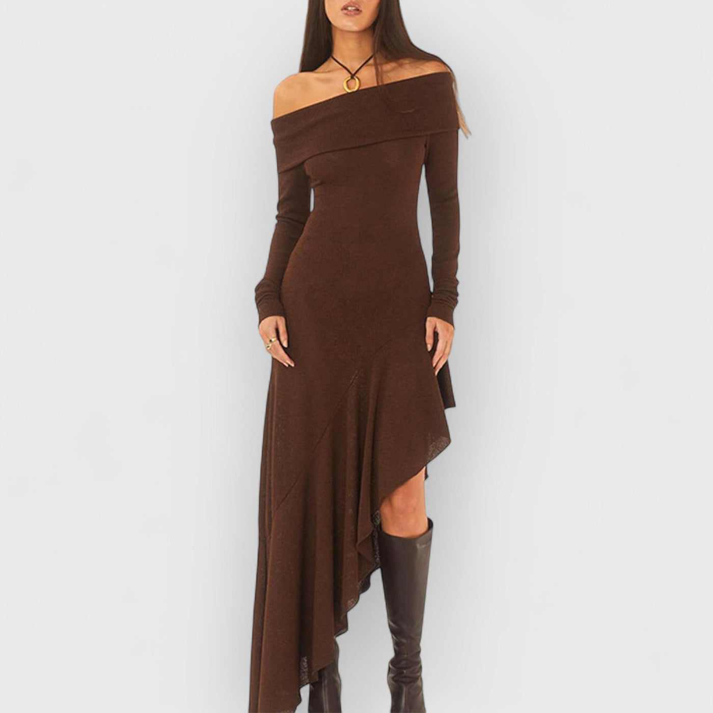 Bateau Neck Long Sleeve Maxi Dress