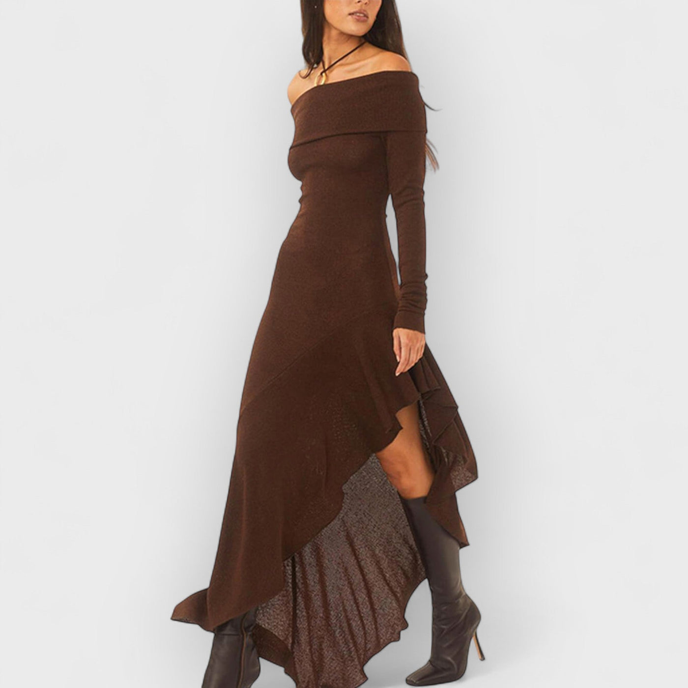 Bateau Neck Long Sleeve Maxi Dress