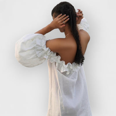 Off Shoulder Ruffle Puff Sleeve Pocketed Midi Dress