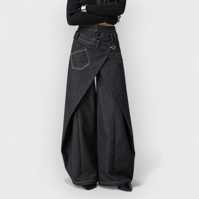 Swinging Symphony Fake Two-Piece Wide-Leg Jeans